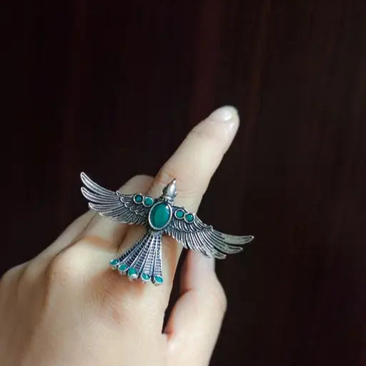 Oxidized Silver Adjustable Bird Ring for Women.