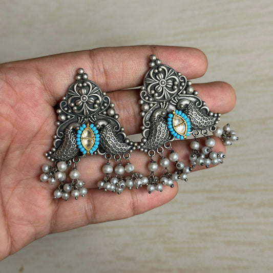 Oxidized Silver Peacock Pearl Drop Earrings