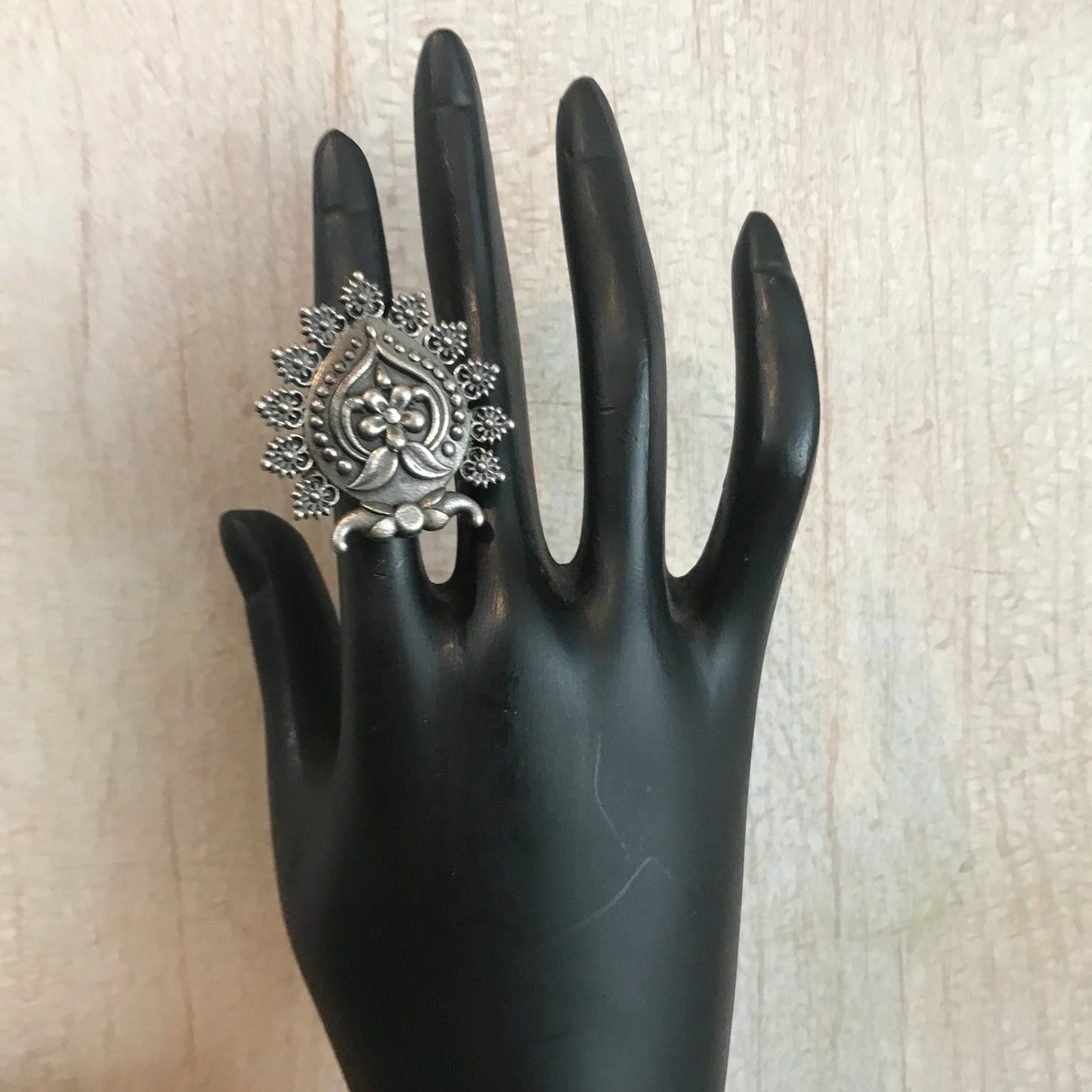Oxidized Silver Floral Mandala Ring – Adjustable Statement Piece
