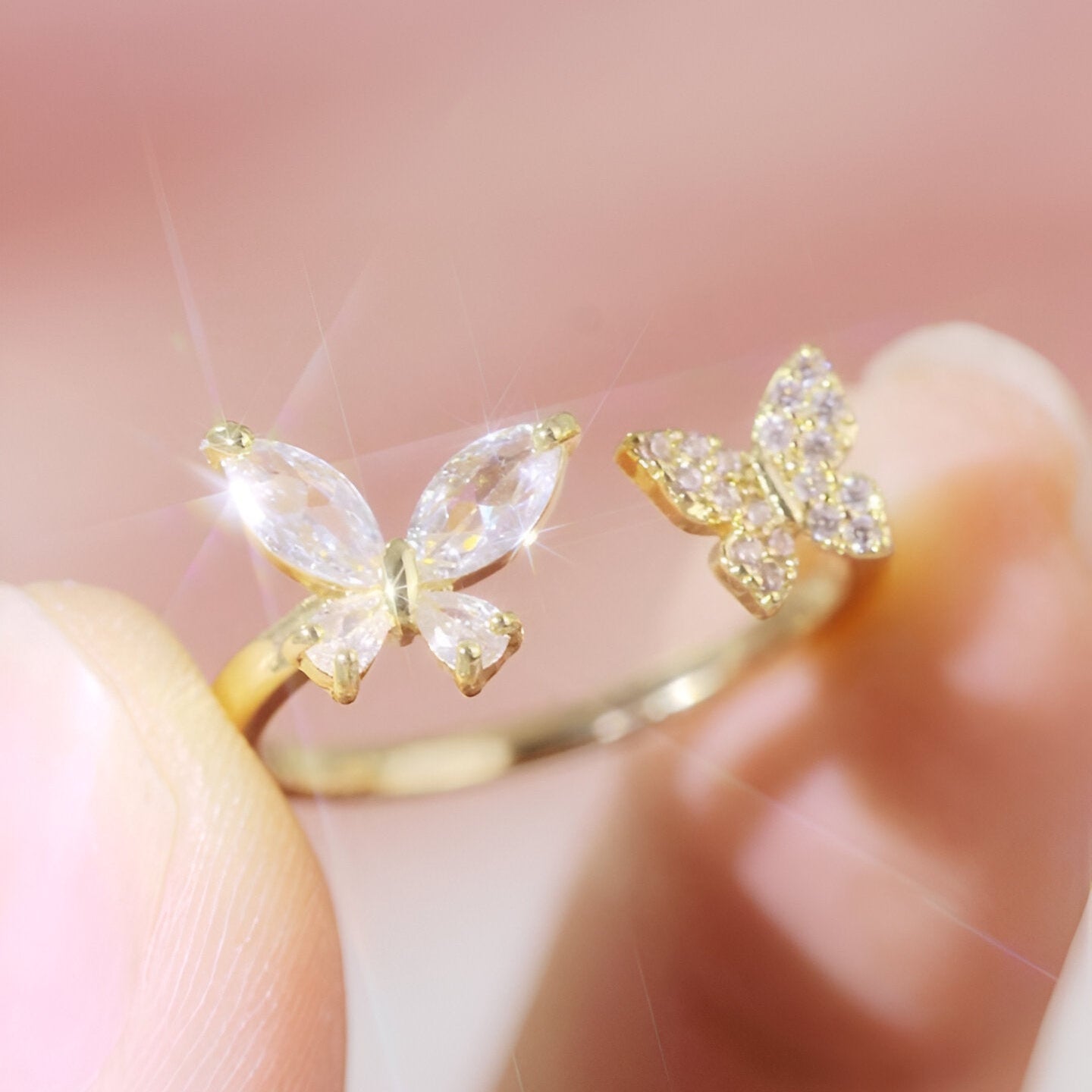 Adjustable Gold-Toned Butterfly Ring with Crystal Accents – One Size Fits All