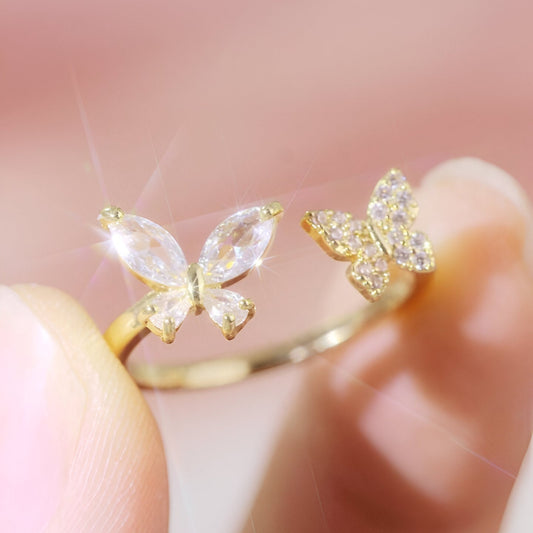 Adjustable Gold-Toned Butterfly Ring with Crystal Accents – One Size Fits All