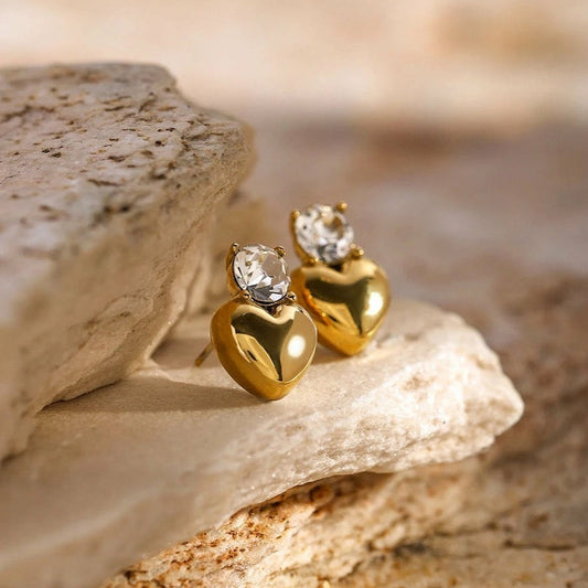 Crystal Top Heart Gold Stud Earrings