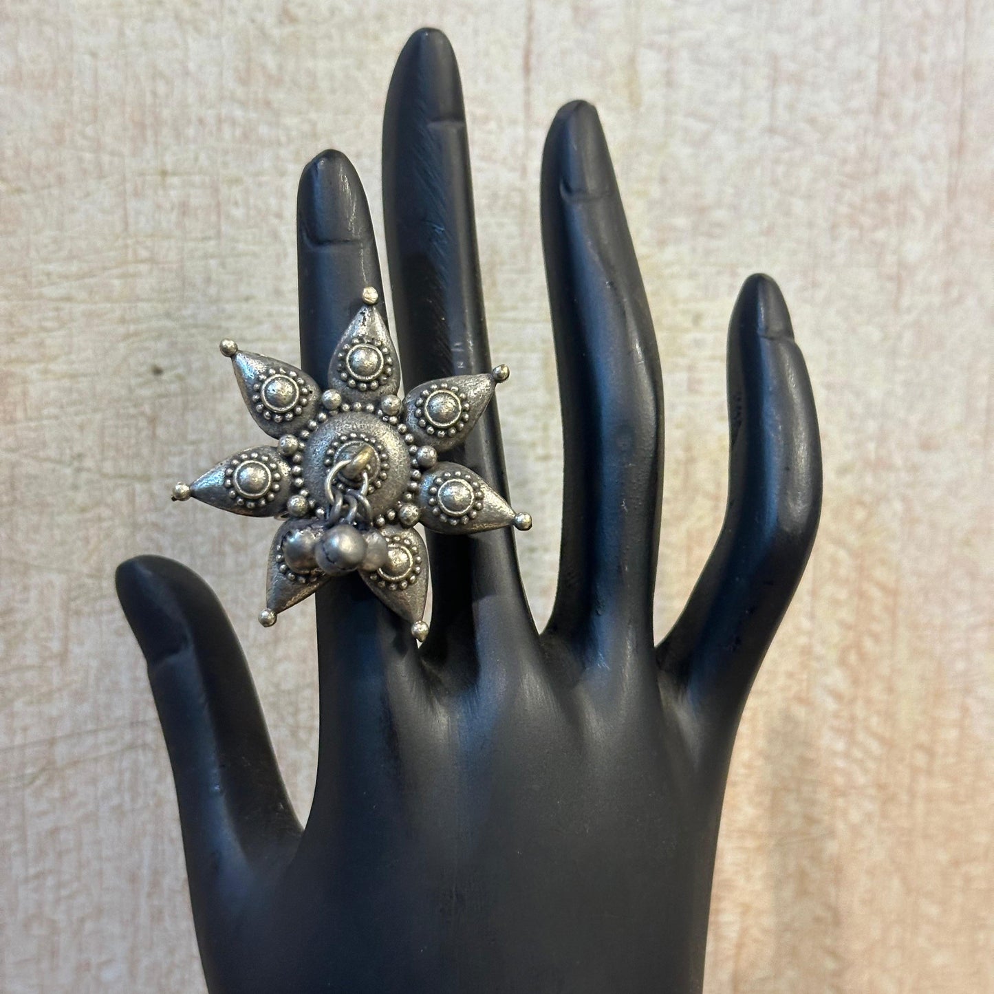 Oxidized Silver Star-Shaped Statement Ring with Intricate Beaded Detailing and Dangling Ornaments