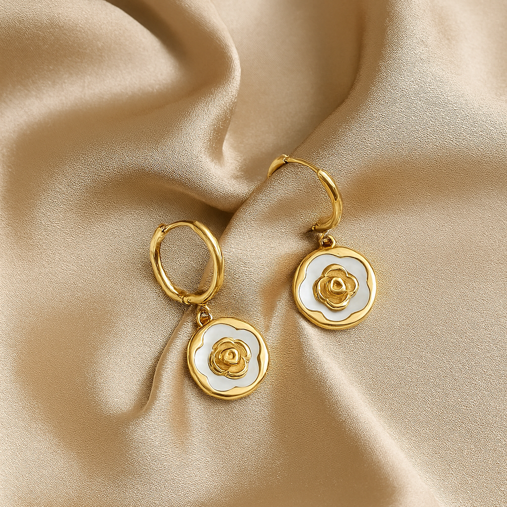 Anti-Tarnish Gold Floral Hoop Earrings – Elegant White Enamel Drop Design