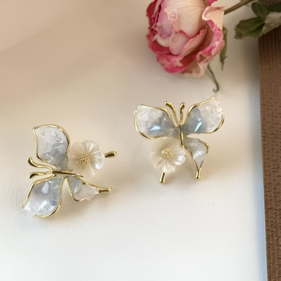 Butterfly & Flower Stud Earrings – Elegant Crystal Wings.