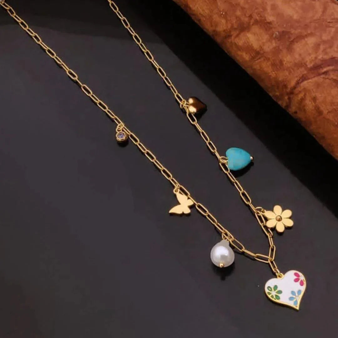 Charming Gold-Plated Charm Necklace with Heart & Floral Accents