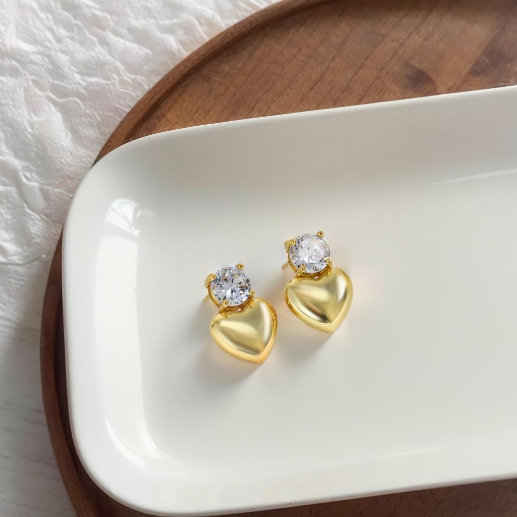 Crystal Top Heart Gold Stud Earrings
