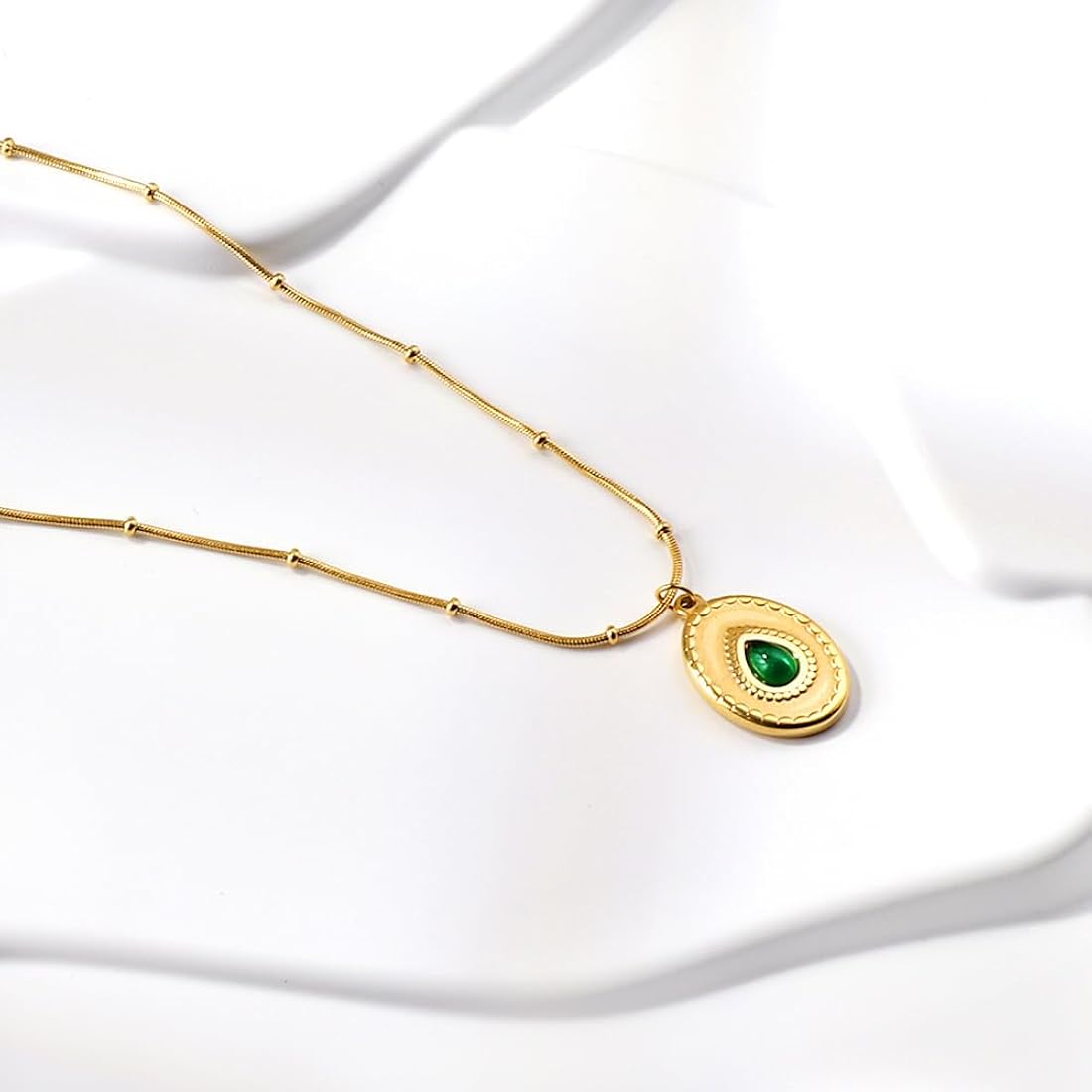 Gold-Plated Anti-Tarnish Necklace with Green Teardrop Pendant
