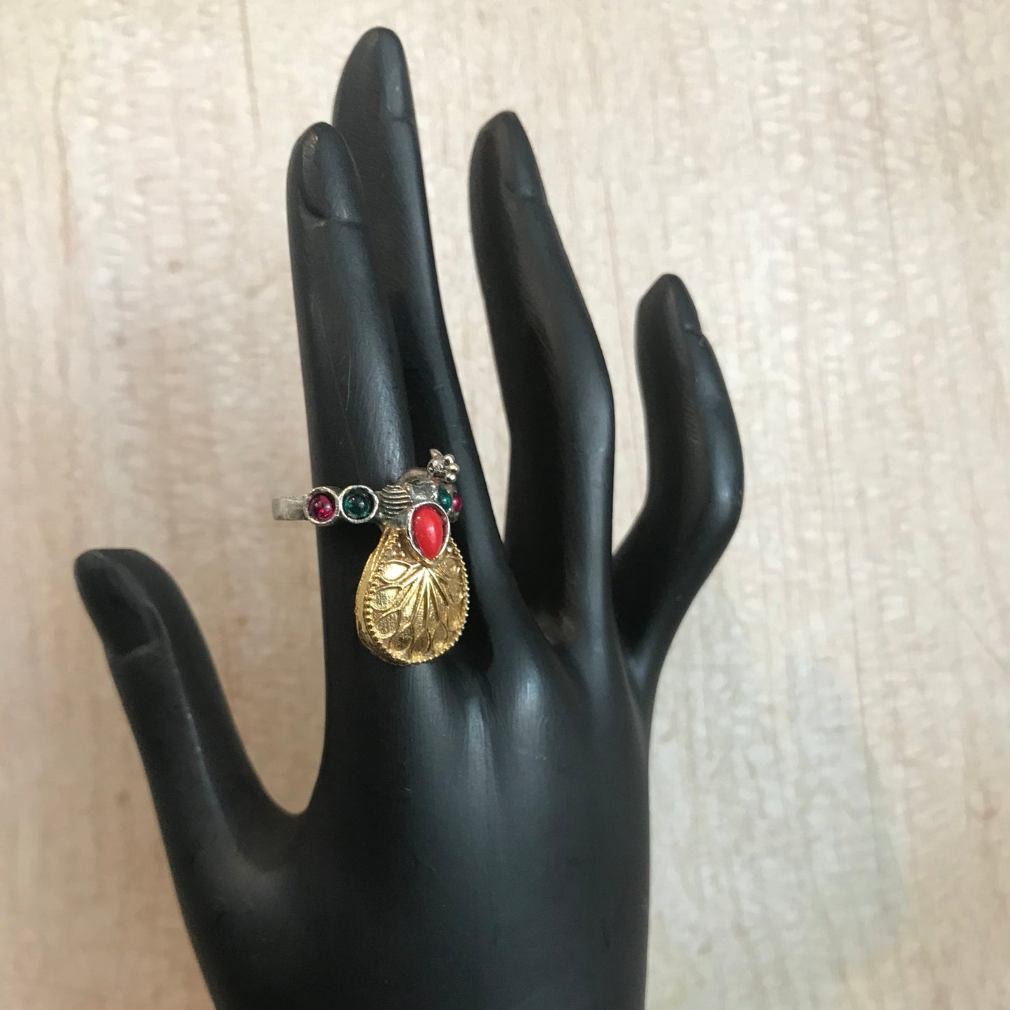 Antique Dual-Tone Adjustable Ring – Gold Motif with Red, Green & White Stone Accents
