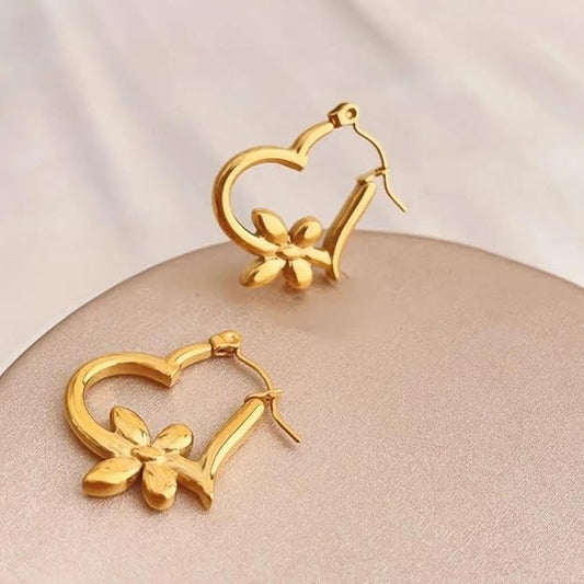 Floral Heart Design Anti-Tarnish Gold Hoop Earrings