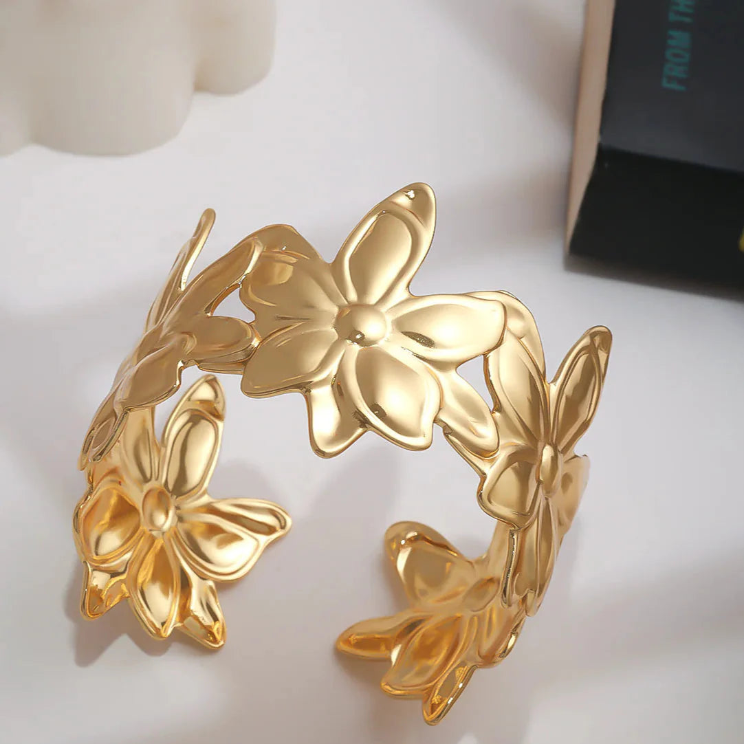 Floral Design Anti-Tarnish Open Kada Bracelet – Gold Finish