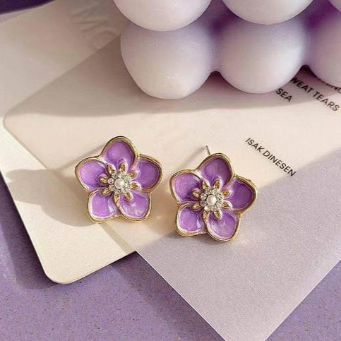 Korean Flower Earrings – Purple Enamel with Gold Trim