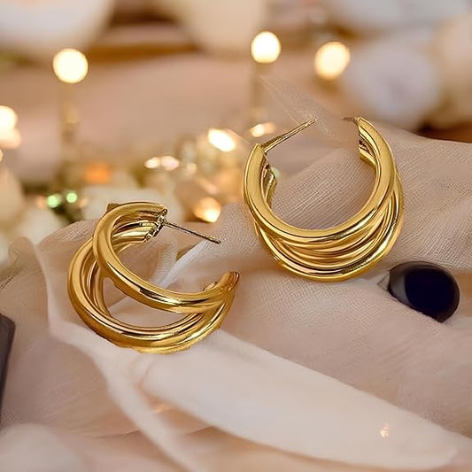 Triple Hoop Gold Anti Tarnish earing