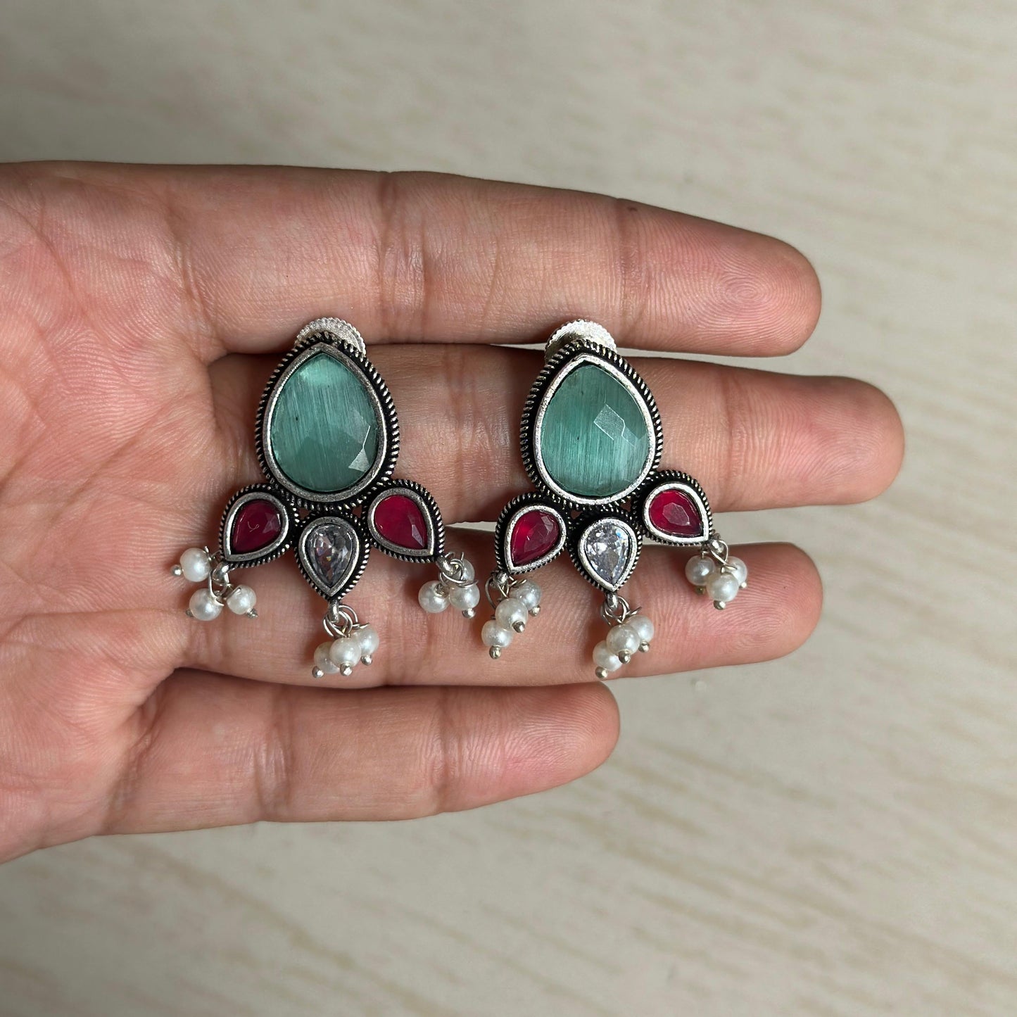 Oxidized Silver Earrings with Green, Red Stones & Pearl Drops