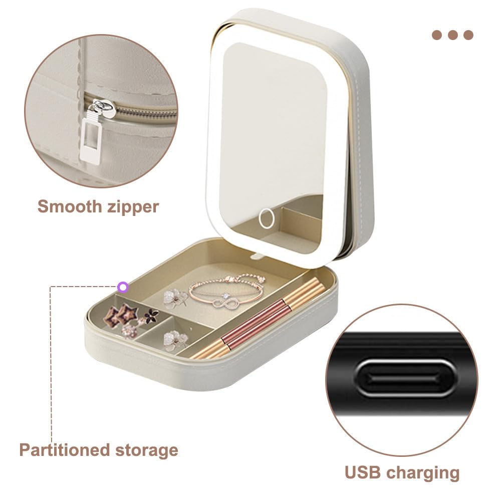 Portable Jewelry Storage Box with LED Mirror & USB Charging