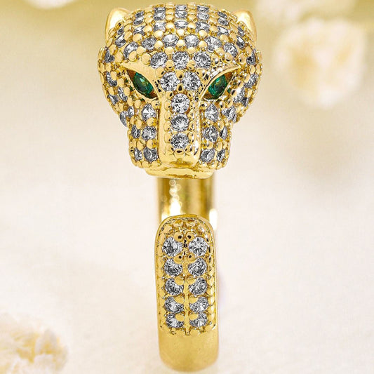Luxury Panther Head Gold-Plated Ring with Green Eyes & White CZ Stones.