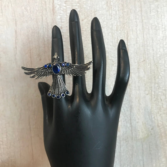 Oxidized Silver Bird Motif Ring – Statement Adjustable Ring with Blue Stones