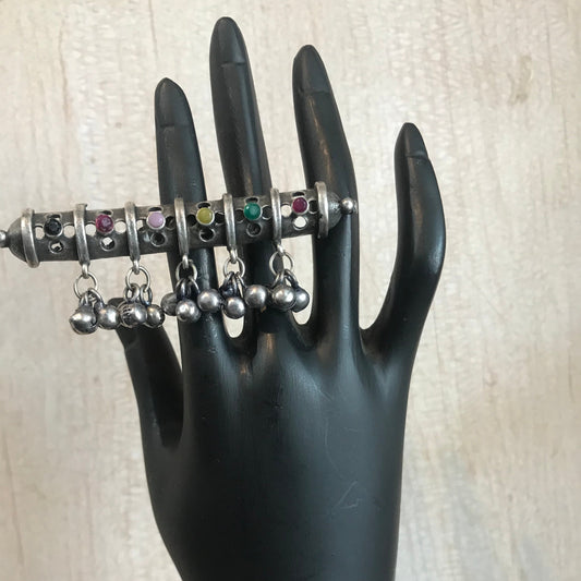Oxidized Silver Multi-Stone Adjustable Ring with Dangling Bells