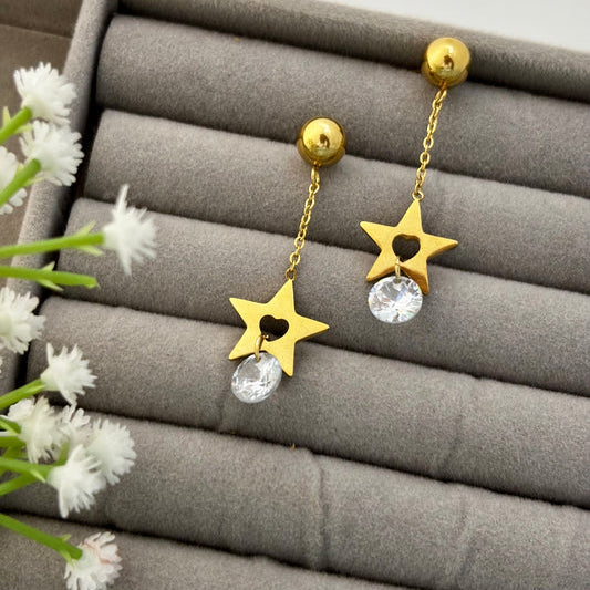Gold Star Dangle Earrings with Crystal Drop – Anti-Tarnish Finish