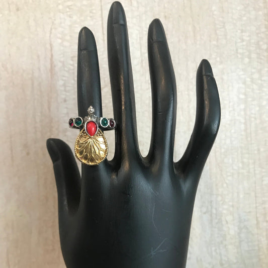 Antique Dual-Tone Adjustable Ring – Gold Motif with Red, Green & White Stone Accents