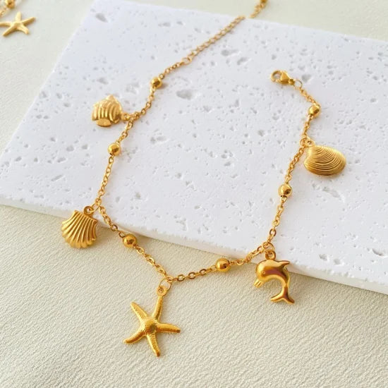 Gold Ocean Charm Anklet – Anti-Tarnish Beach Jewelry with Starfish, Shell & Dolphin