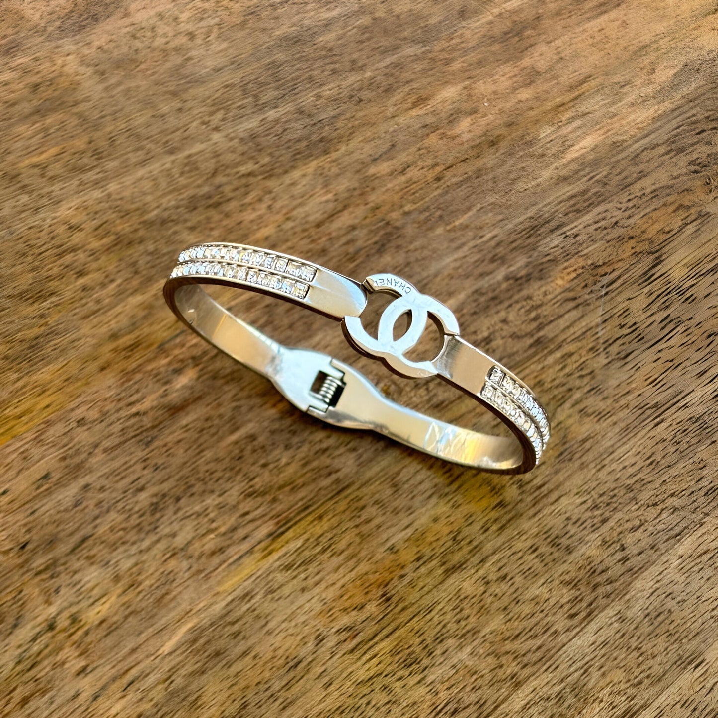 Golden Kada Bracelet with Designer Logo & Sparkling CZ Stones