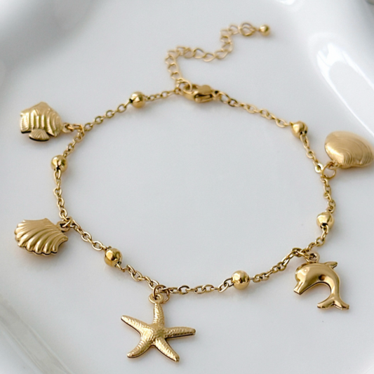 Gold Ocean Charm Anklet – Anti-Tarnish Beach Jewelry with Starfish, Shell & Dolphin