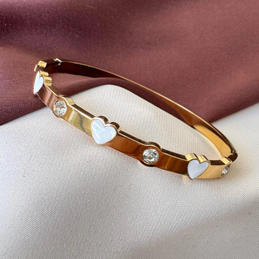 Gold-Plated Kada with Mother-of-Pearl Hearts & CZ Stones