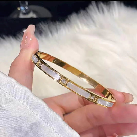 Anti-Tarnish Gold-Plated Kada with Mother-of-Pearl Inlay & CZ Accents