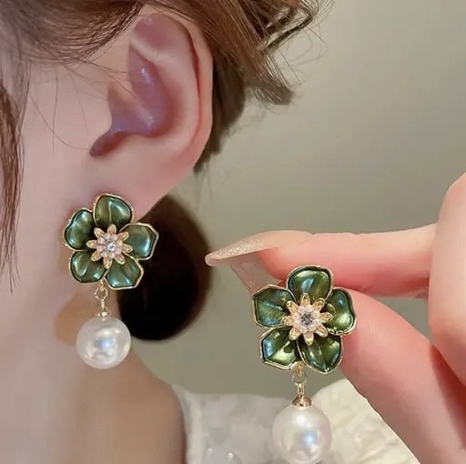 Korean Green Flower Pearl Drop Earrings