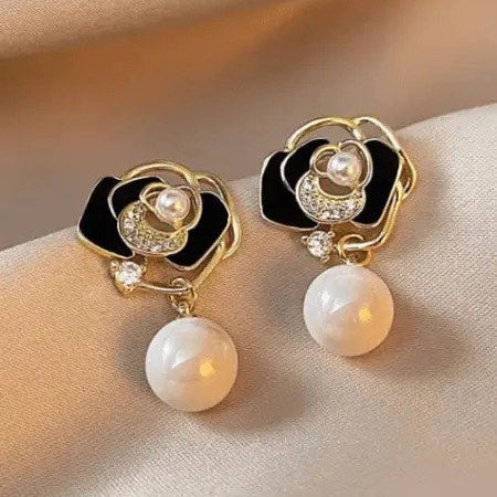 Korean Black Enamel Rose Pearl Drop Earrings