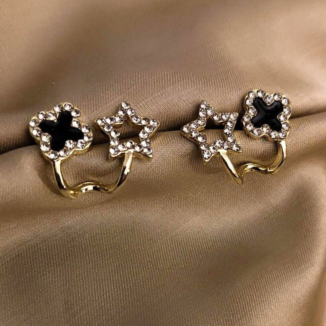 Korean Dual-Shape Black & Crystal Stud Earrings