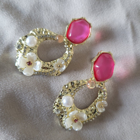 Gold-Tone Floral Drop Earrings with Pink Stone & Pearl Accents