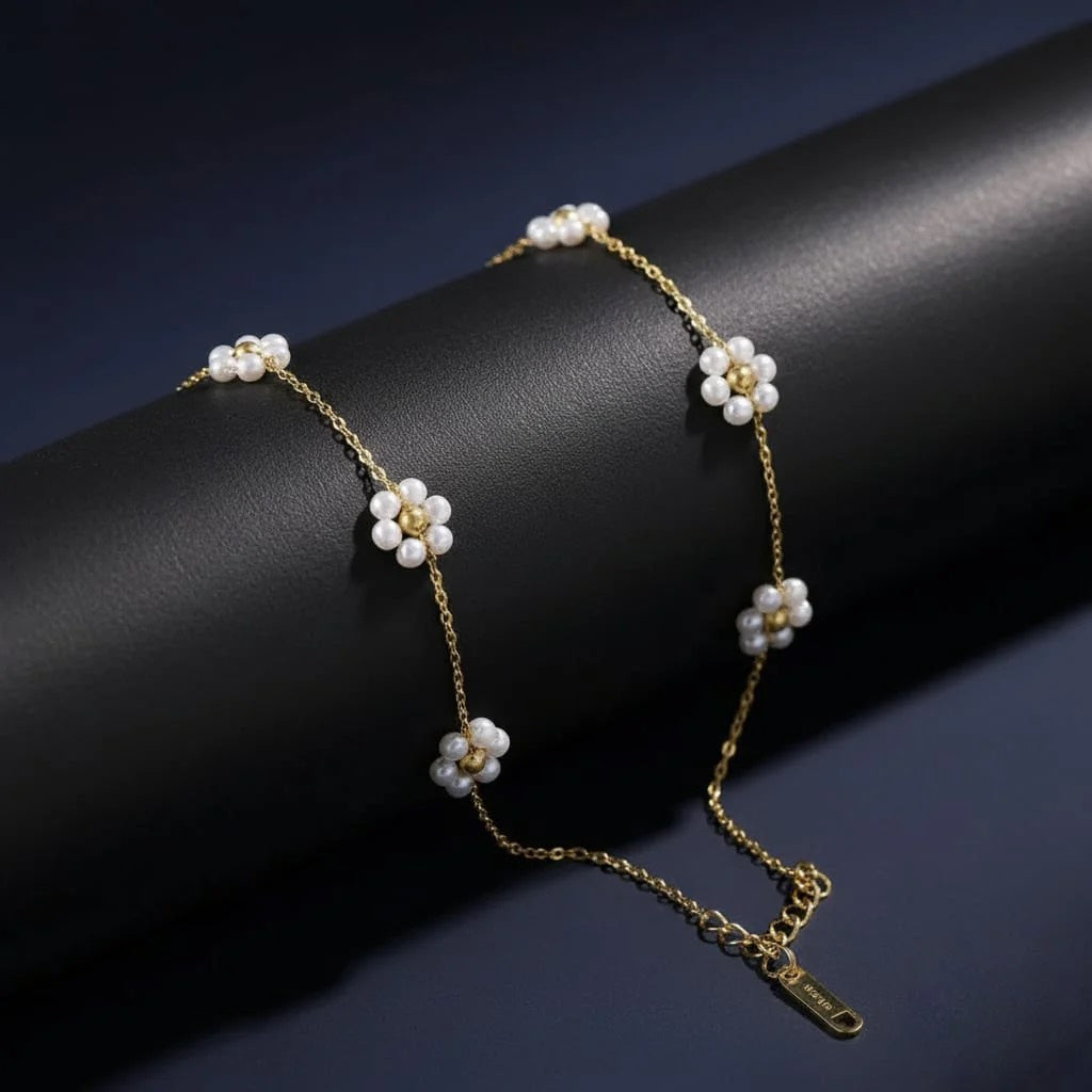 Elegant Gold Chain Bracelet with Dainty Pearl Flower Charms