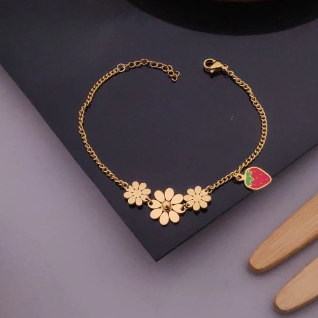 Charming Gold Bracelet with Triple Flower and Strawberry Charms
