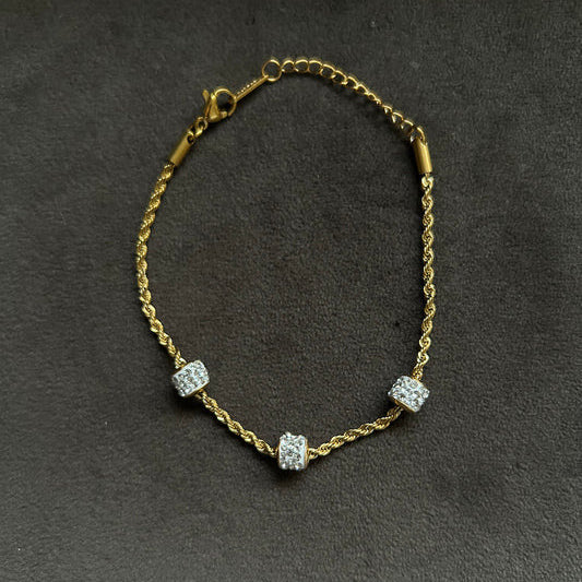 Elegant Gold Rope Chain Bracelet with Triple Diamond-Styled Beads