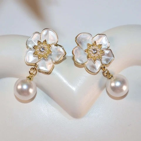 Korean Floral Pearl Drop Earrings