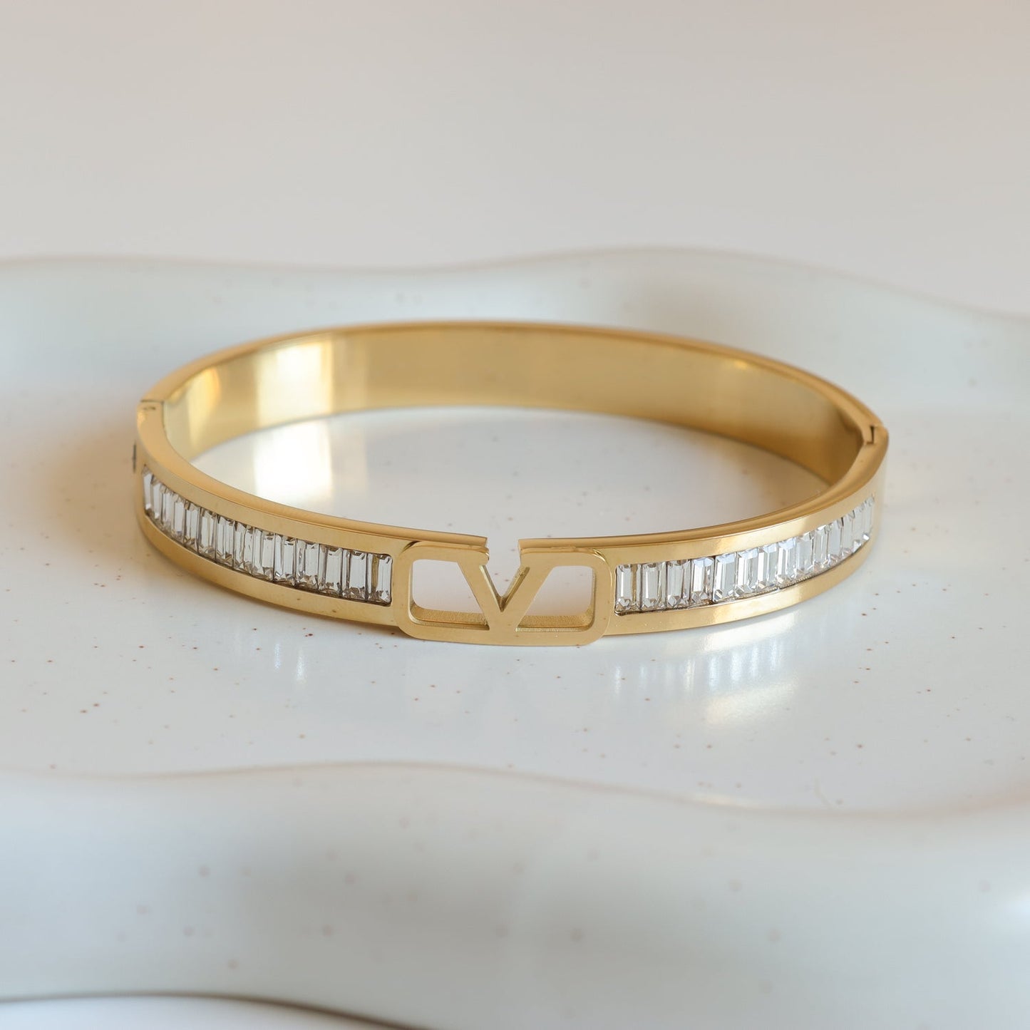 Gold Anti-Tarnish Kada Bracelet with Baguette CZ Stones & Designer V-Cut Detail