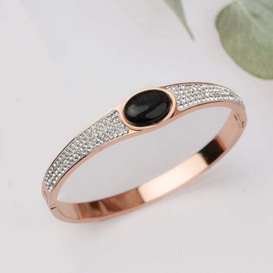 Chic Rose Gold Anti-Tarnish Kada Bracelet with Black Stone & CZ Detailing