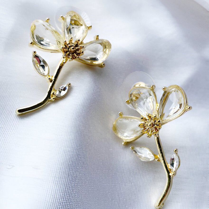 Crystal Flower Earrings – Gold-Plated Floral Studs.