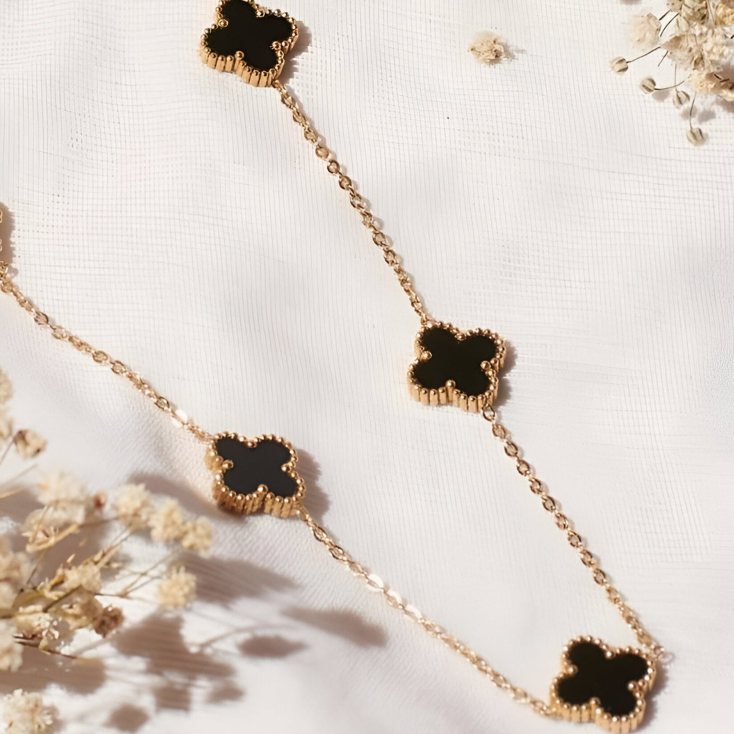 Black Onyx Clover Charm Gold Necklace