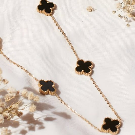 Black Onyx Clover Charm Gold Necklace