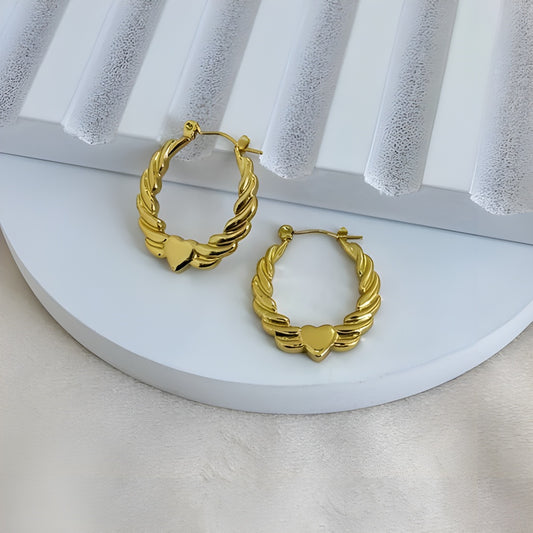 Gold-Toned Twisted Hoop Earrings with Heart Accent