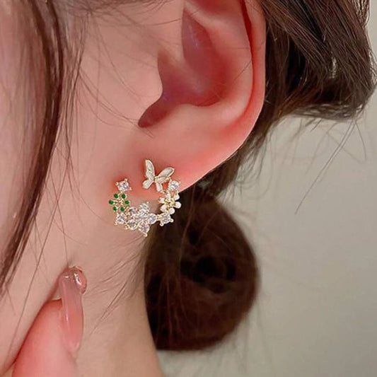 Butterfly & Flower Stud Earrings – Elegant Crystal Wreath Design