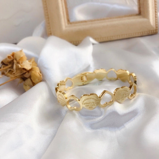 Small-Size Gold Anti-Tarnish Kada Bracelet with Heart Links & Engraved Tag Accents
