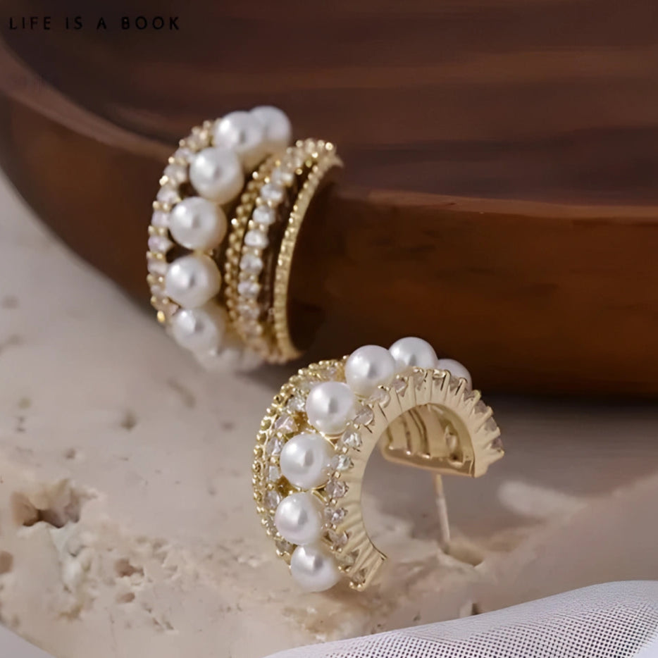 Korean Style Pearl & Crystal Half Hoop Earrings
