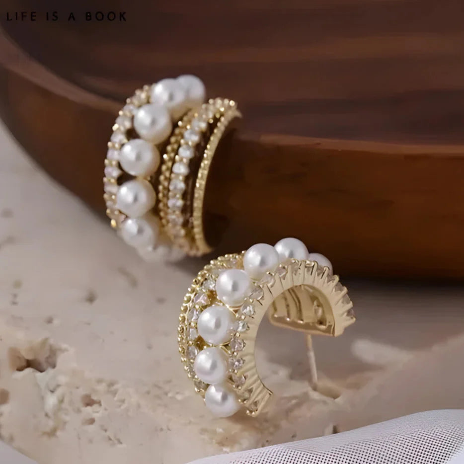 Korean Style Pearl & Crystal Half Hoop Earrings