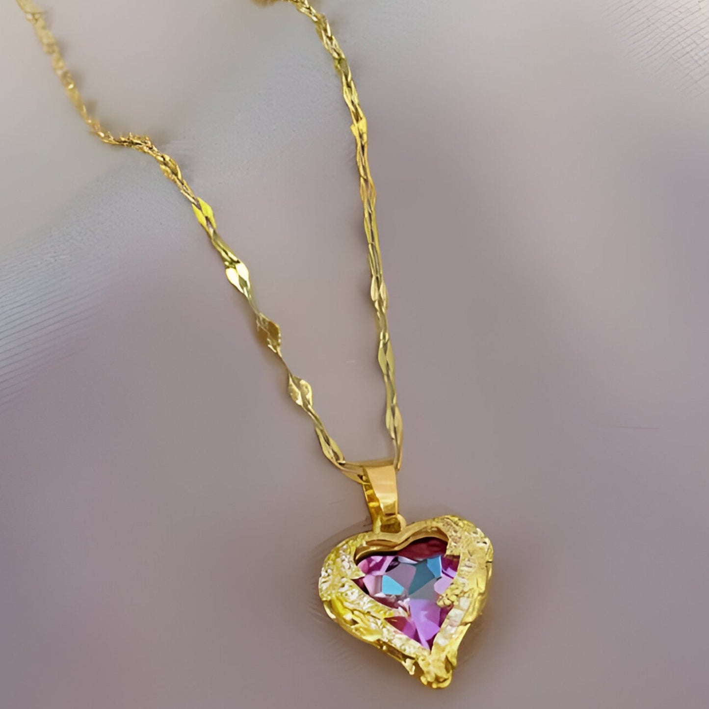 Radiant Heart-Shaped Gold Necklace with Pink Crystal Centerpiece