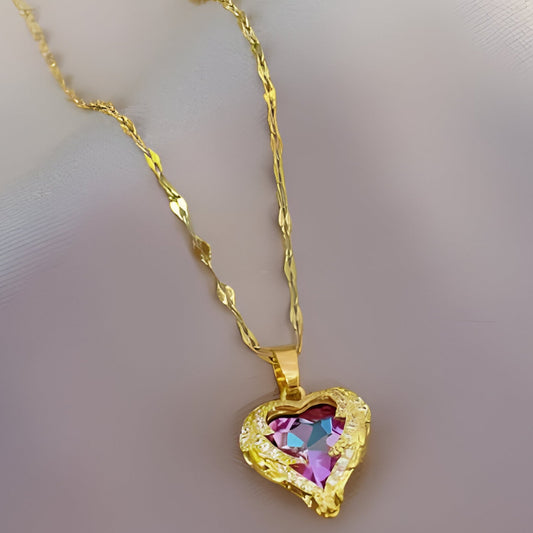 Radiant Heart-Shaped Gold Necklace with Pink Crystal Centerpiece