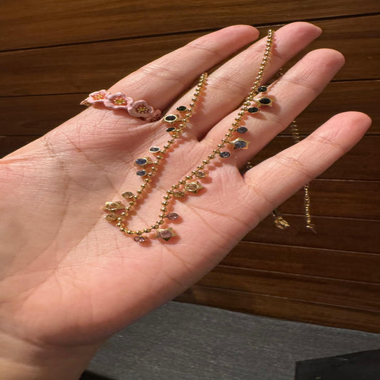 Gold Beaded Charm Necklace with Multicolor Stones.